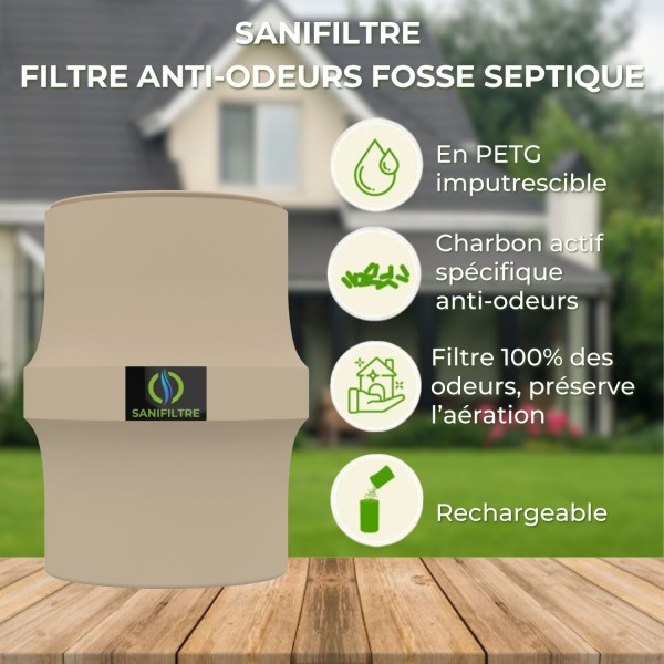 Points forts du Filtre anti-odeurs pour fosse septique, toutes eaux, poste de relevage, cartouche au charbon actif coloris sable