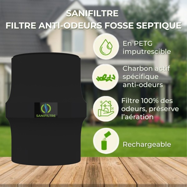 Points forts du Filtre anti-odeurs pour fosse septique, toutes eaux, poste de relevage, cartouche au charbon actif coloris noir