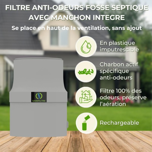 Points forts Filtre anti-odeurs pour fosse septique Sanifiltre avec manchon intégré pour montage en chapeau coloris gris