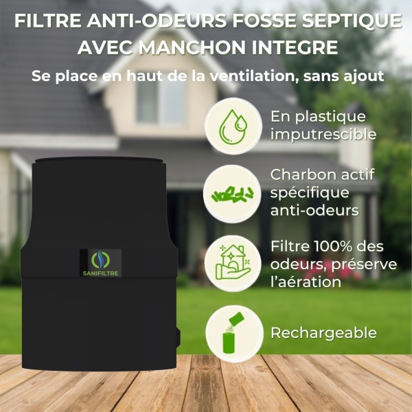 oints forts Filtre anti-odeurs pour fosse septique Sanifiltre avec manchon intégré pour montage en chapeau coloris noir