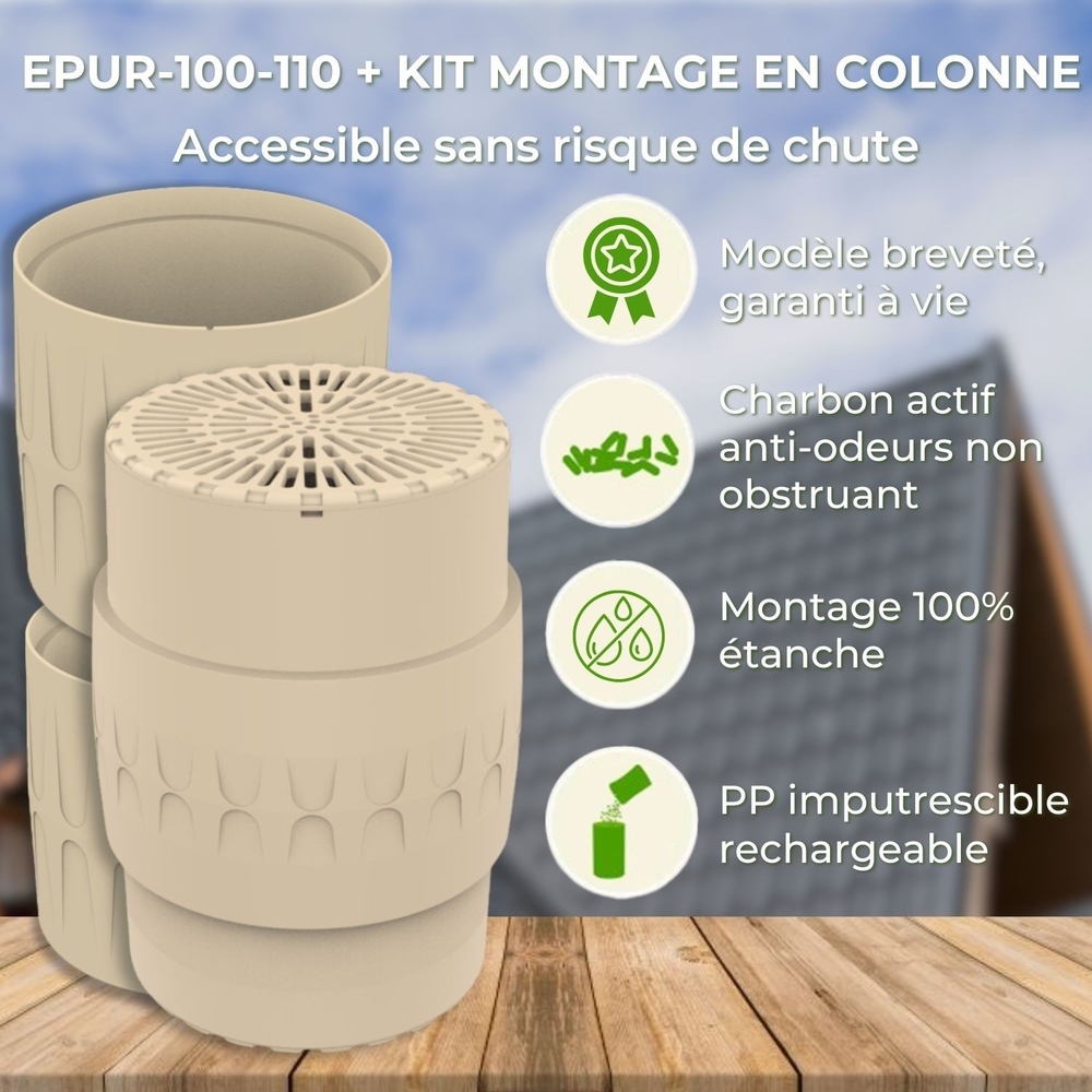 EPUR-100 FILTRE ANTI-ODEURS AU CHARBON ACTIF POUR FOSSE SEPTIQUE , TOUTES EAUX , Ø 100 MM