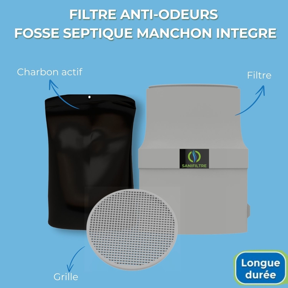 FILTRE ANTI-ODEURS AU CHARBON ACTIF POUR FOSSE SEPTIQUE + MANCHON GRIS