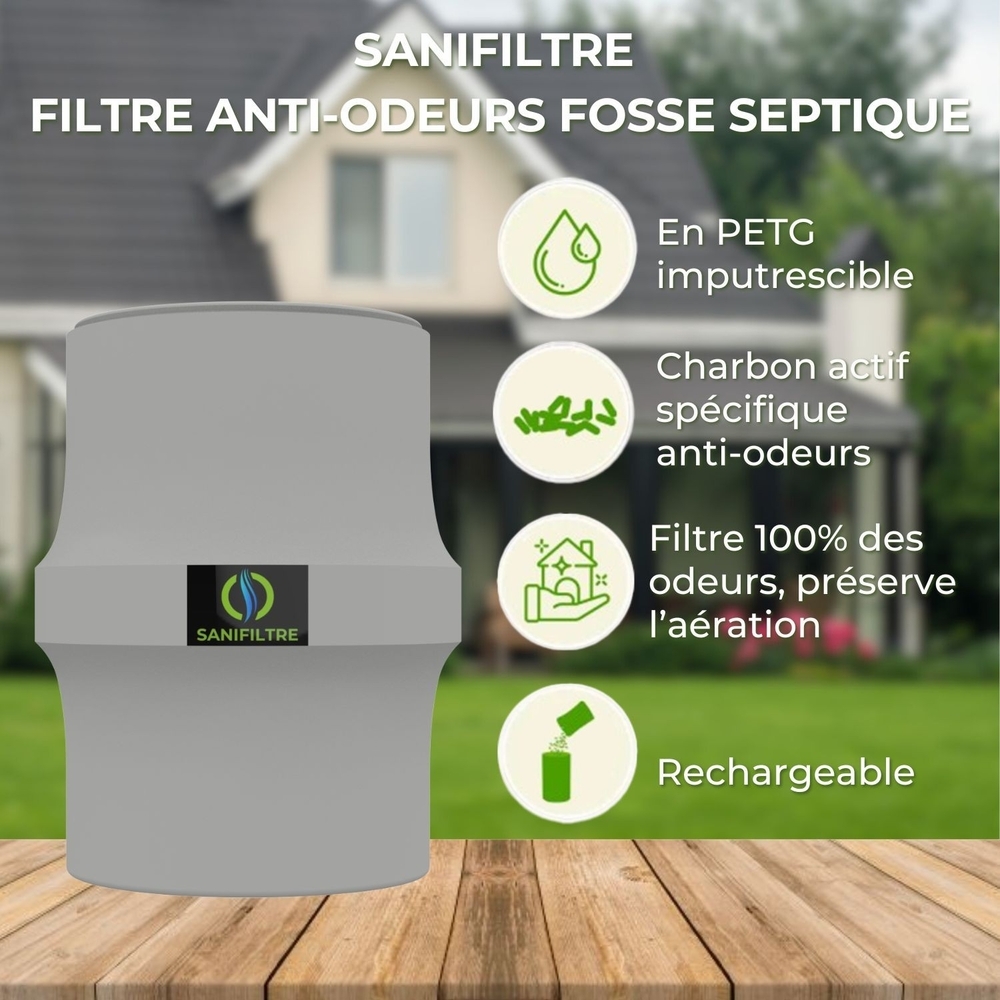 FILTRE ANTI-ODEURS AU CHARBON ACTIF POUR FOSSE SEPTIQUE , TOUTES EAUX , Ø 100 MM , COLORIS GRIS