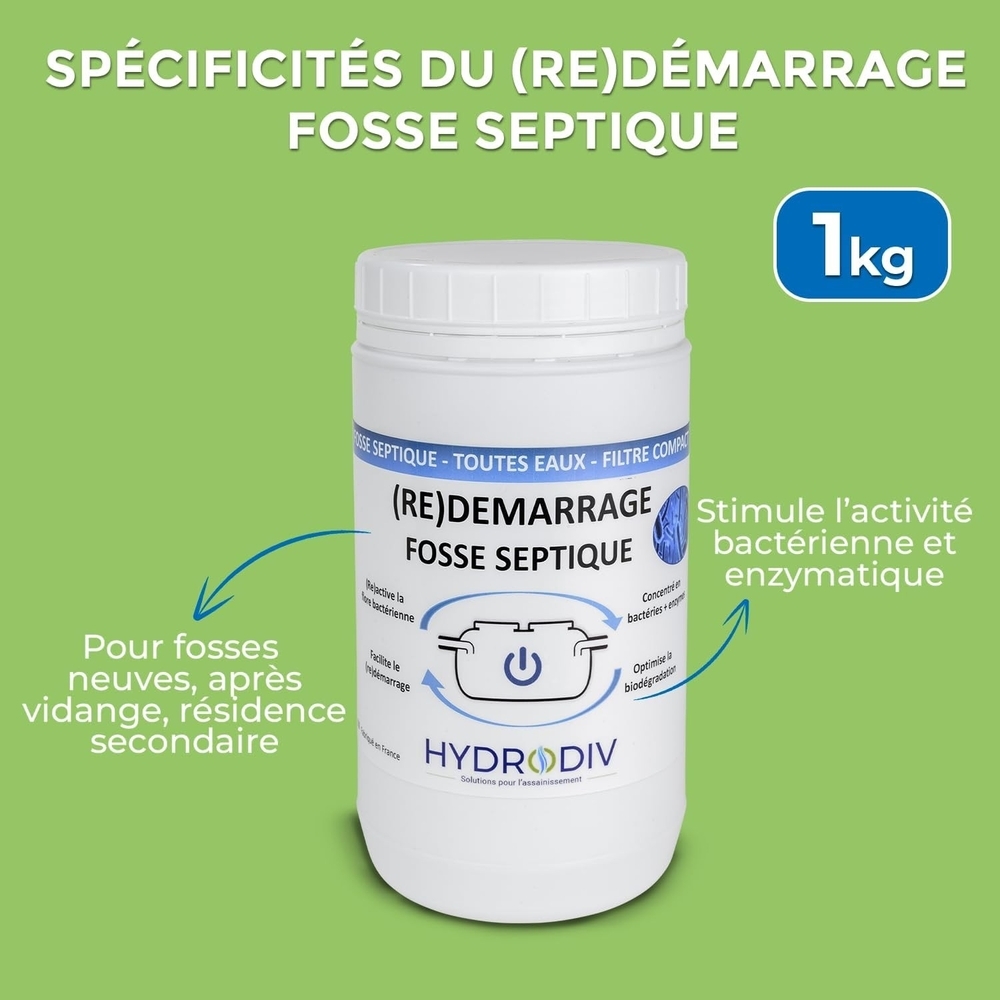 DEMARRAGE REDEMARRAGE FOSSE SEPTIQUE , TOUTES EAUX , FILTRE COMPACT , AUX BACTERIES ET ENZYMES , MONODOSE 1 KG