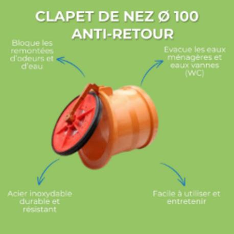 CLAPET DE NEZ Ø 100 A COLLER , ANTI-RETOUR , PROTEGE DES REMONTEES D'ODEURS ET D'EAU