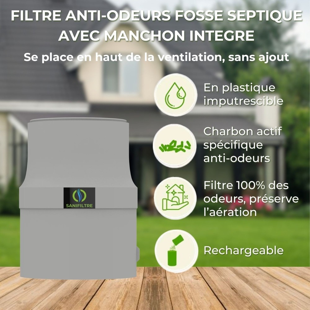 FILTRE ANTI-ODEURS AU CHARBON ACTIF POUR FOSSE SEPTIQUE + MANCHON GRIS