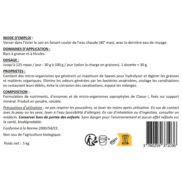 TRAITEMENT BAC À GRAISSE , ASSAINISSEMENT : POUDRE AUX ENZYMES 5 KG étiquette verso