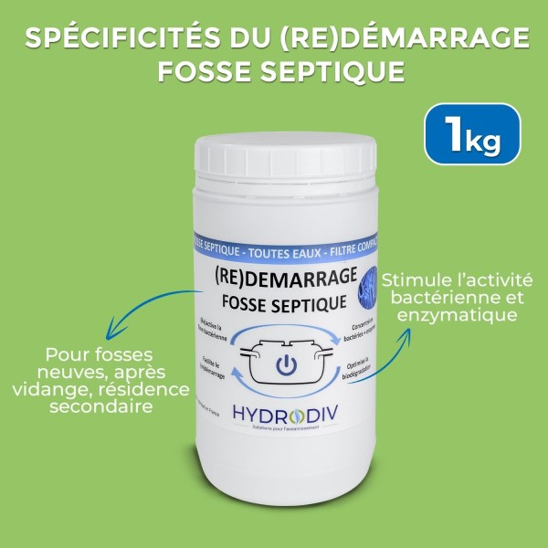 Avantages du DEMARRAGE REDEMARRAGE FOSSE SEPTIQUE , TOUTES EAUX , FILTRE COMPACT , AUX BACTERIES ET ENZYMES , MONODOSE 1 KG