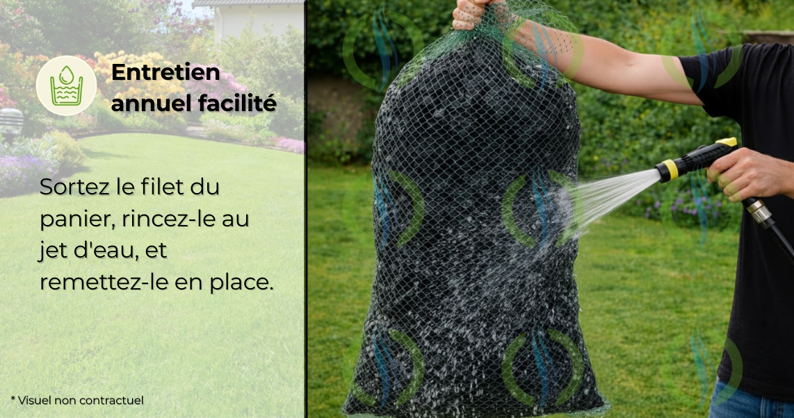 Entretien simplifié d'un filet filtrant fosse septique Hydrodiv. L'image illustre le nettoyage rapide du média filtrant au jet d'eau, une maintenance annuelle accessible à tous.